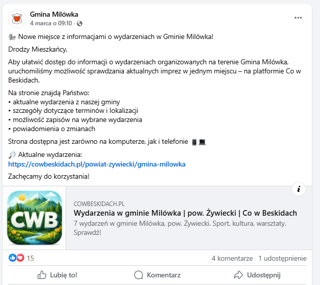 Post Gminy Milówka na Facebooku promujący Co w Beskidach