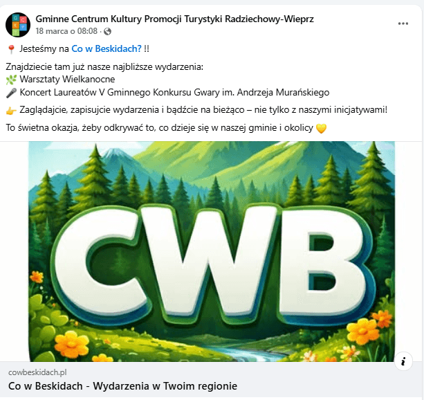 Post GCKPiT Radziechowy-Wieprz na Facebooku promujący Co w Beskidach
