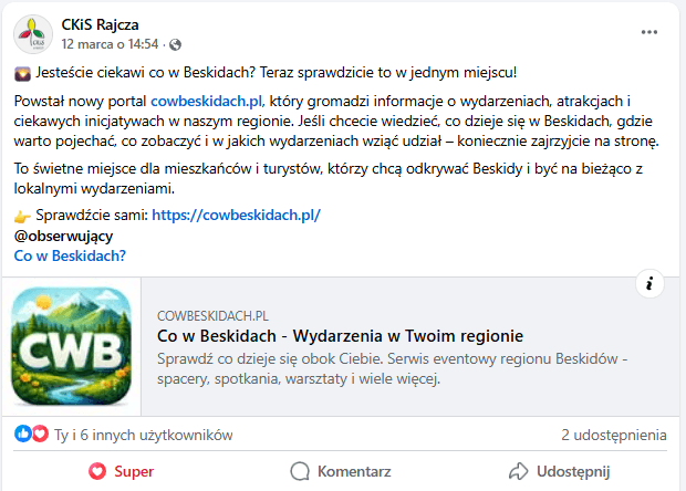 Post CKiS Rajcza na Facebooku promujący Co w Beskidach