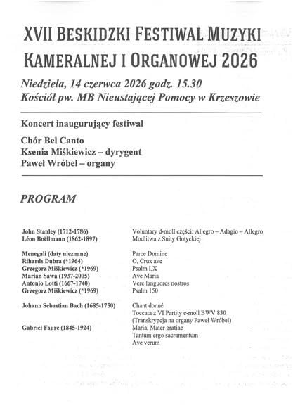 Inauguracja XVII Beskidzkiego Festiwalu Muzyki Organowej i Kameralnej w Krzeszowie