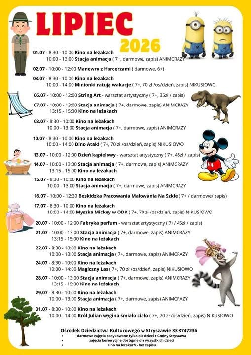 Lipiec 2026 w Stryszawie: Kino plenerowe, animacje i warsztaty dla dzieci