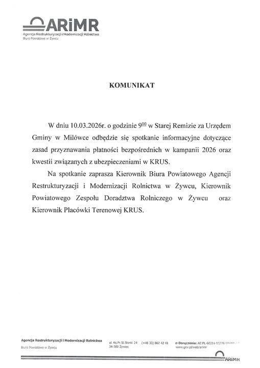 Spotkanie informacyjne dla rolników – dopłaty 2026 i KRUS