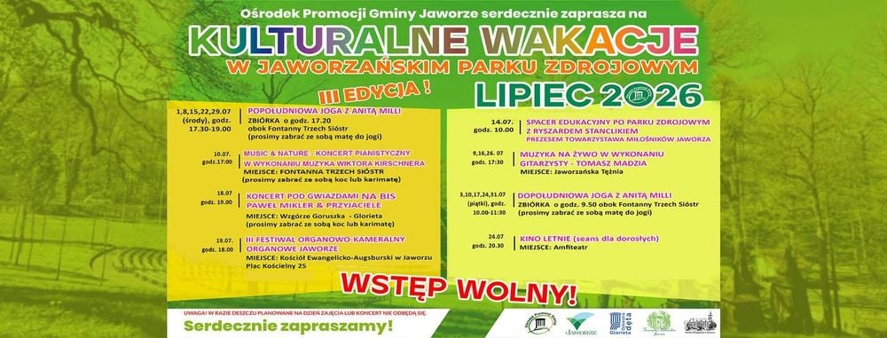 III Kulturalne Wakacje w Jaworzańskim Parku Zdrojowym – lipiec 2026